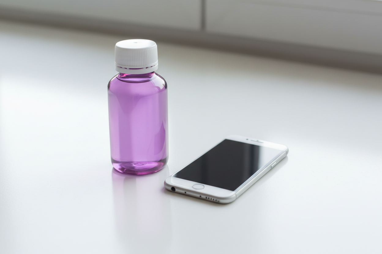 calpol bottle (unbranded but purple) next to a phone