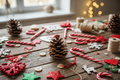 candy caness and christmas crafts in a table with a ladybird on top of a pinecone