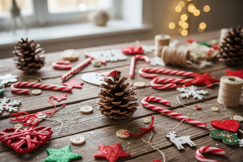 candy caness and christmas crafts in a table with a ladybird on top of a pinecone