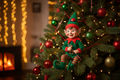 christmas elf perched in a christmas tree, with a ladybird on its head