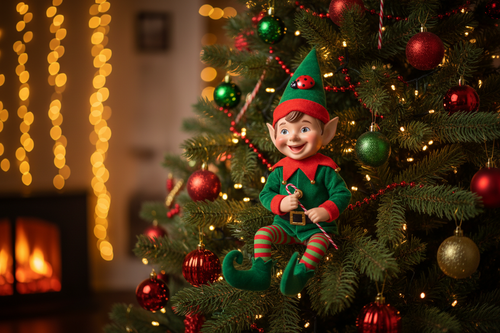 christmas elf perched in a christmas tree, with a ladybird on its head