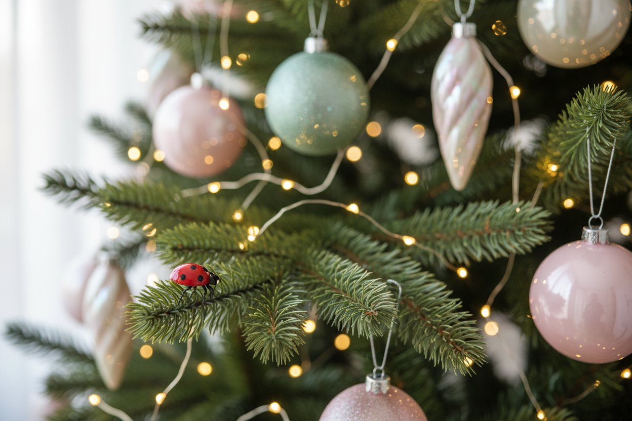 Christmas tree scene with a small ladybird on a branch