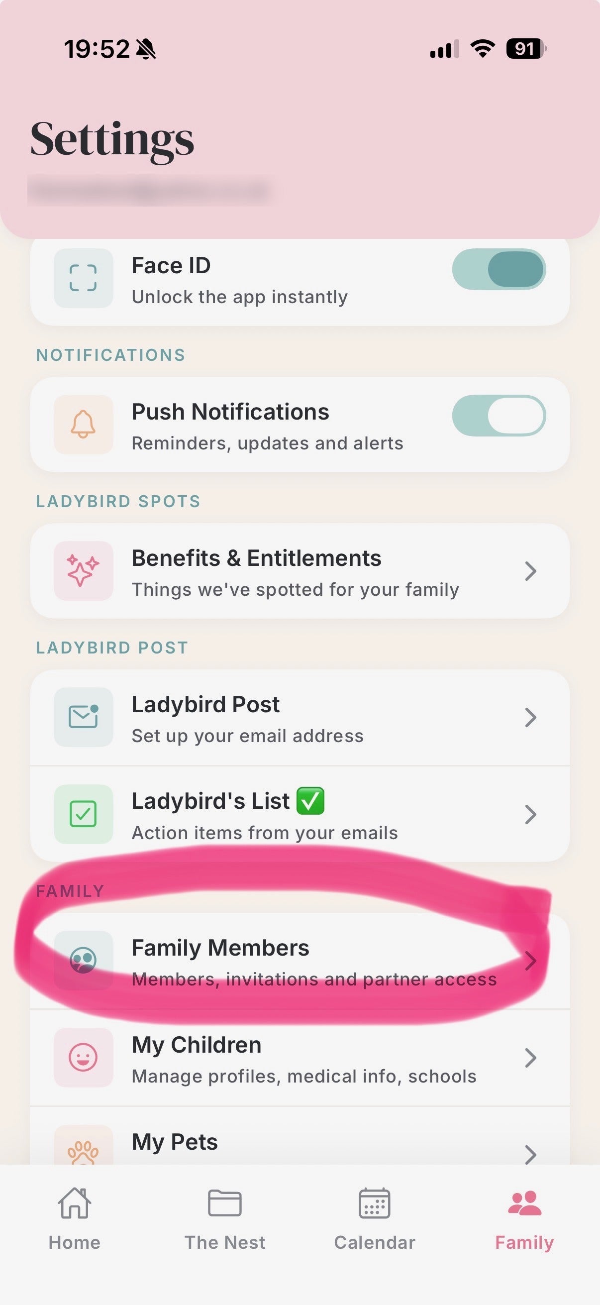 Settings screen showing the Family Members option under the Family section