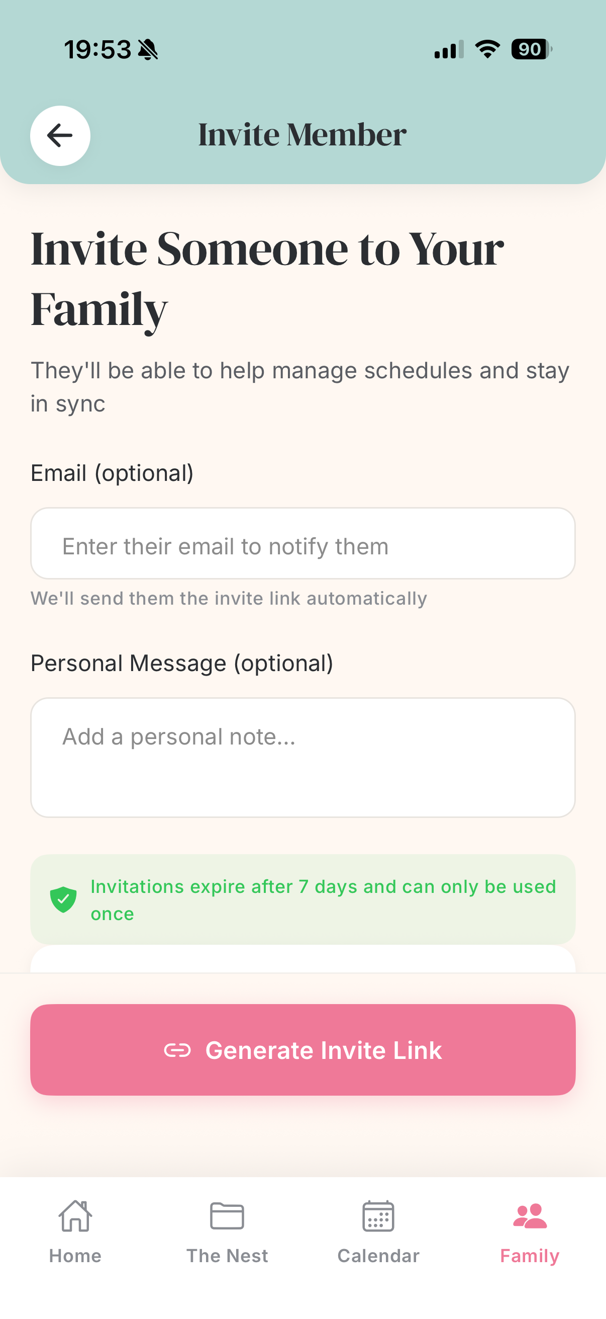 Invite screen for sending someone an invite link to your family