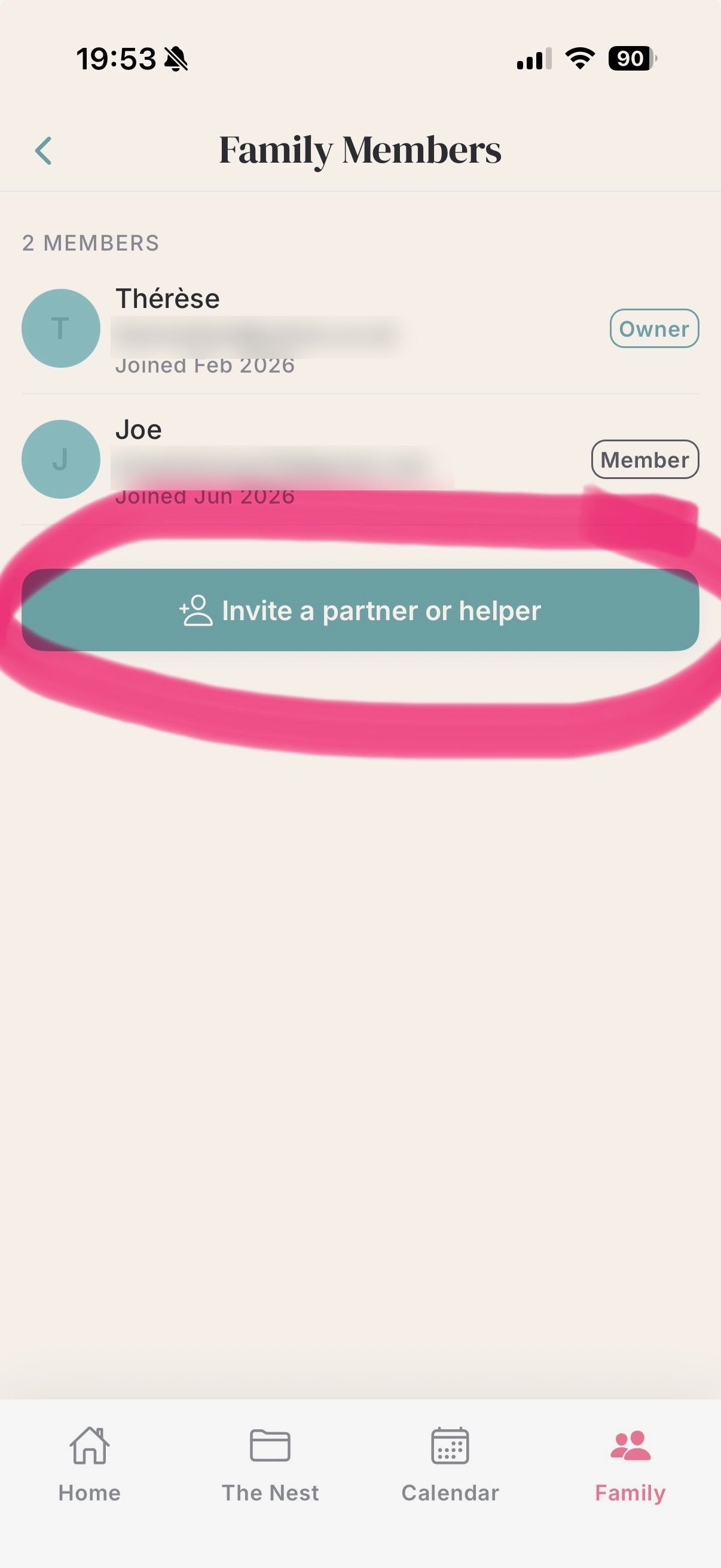 Family Members screen with the Invite a partner or helper button